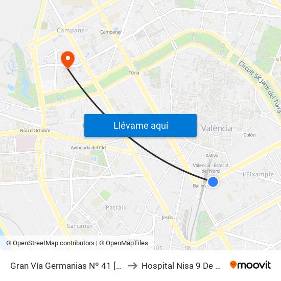 Gran Vía Germanias Nº 41 [València] to Hospital Nisa 9 De Octubre map