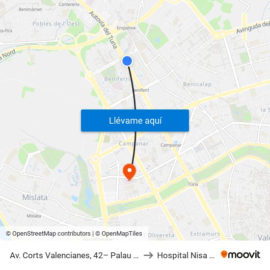 Av. Corts Valencianes, 42– Palau De Congressos [València] to Hospital Nisa 9 De Octubre map