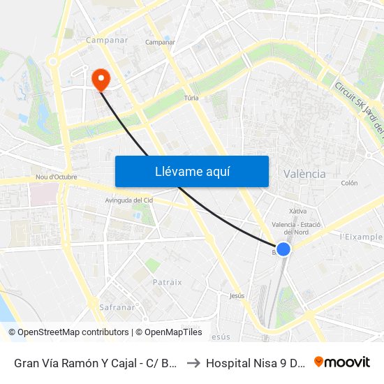 Gran Vía Ramón Y Cajal - C/ Bailén [València] to Hospital Nisa 9 De Octubre map