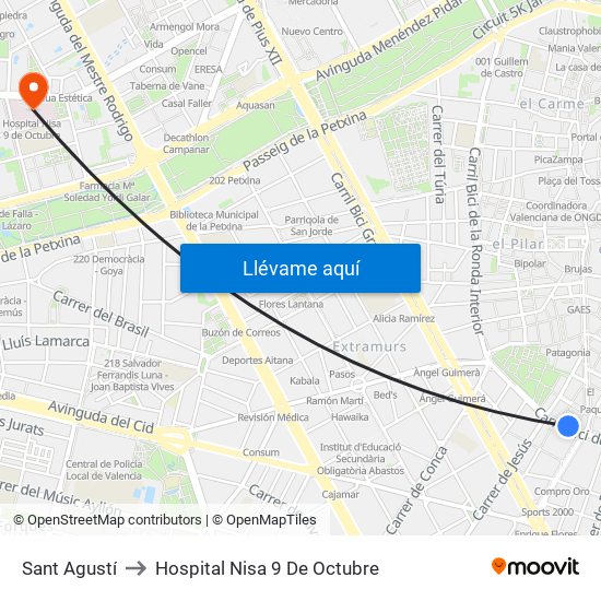 Estació Del Nord - Guillem De Castro to Hospital Nisa 9 De Octubre map