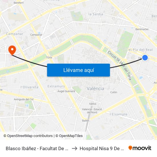 Facultats to Hospital Nisa 9 De Octubre map