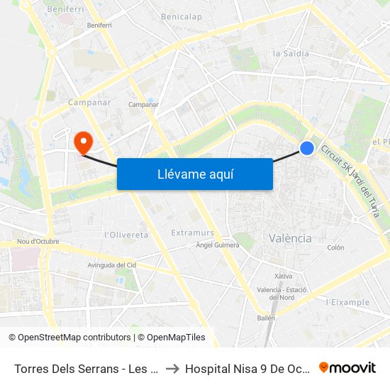 Les Corts to Hospital Nisa 9 De Octubre map