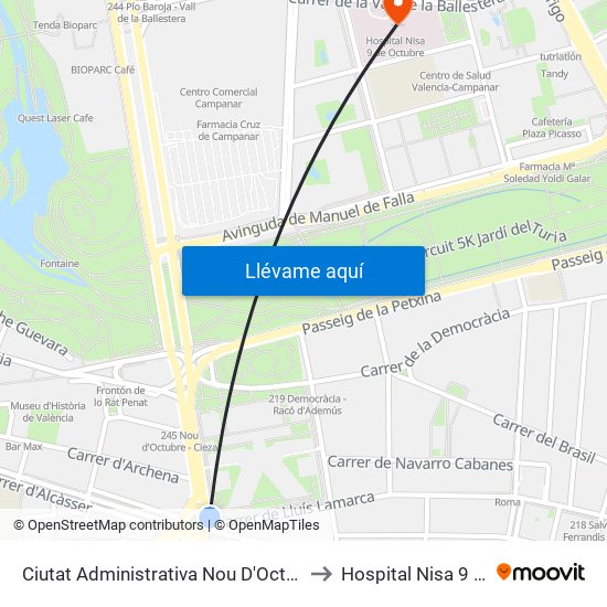 Ciutat Administrativa 9 D'Octubre to Hospital Nisa 9 De Octubre map