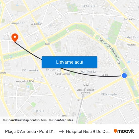 Plaça Amèrica to Hospital Nisa 9 De Octubre map