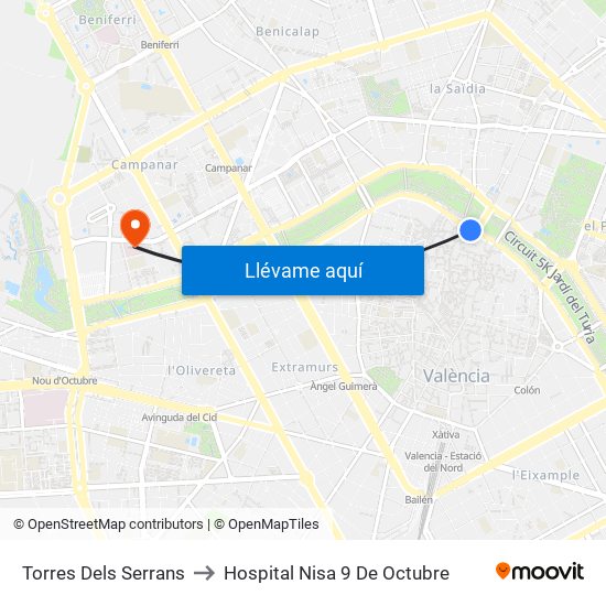 Torres Dels Serrans to Hospital Nisa 9 De Octubre map