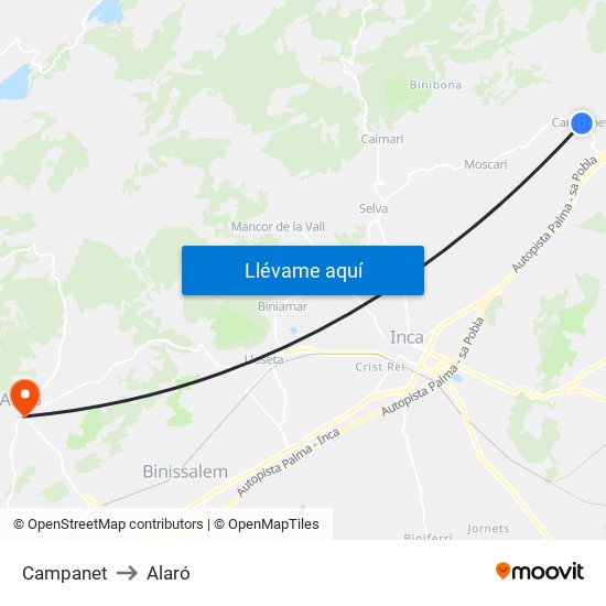 Campanet to Alaró map