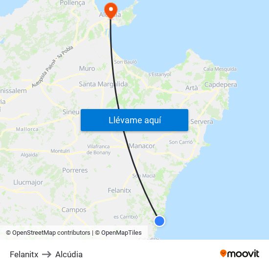 Felanitx to Alcúdia map