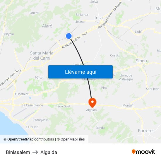 Binissalem to Algaida map