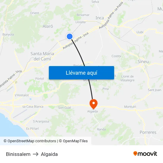 Binissalem to Algaida map