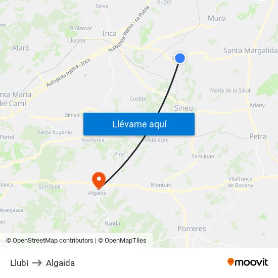 Llubí to Algaida map