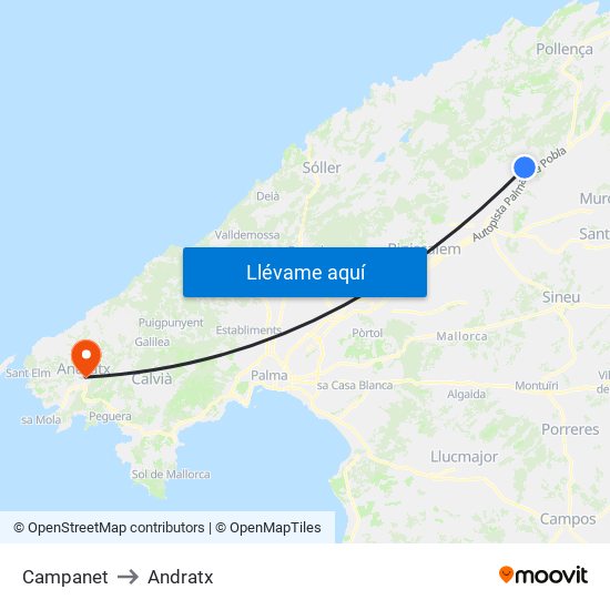 Campanet to Andratx map