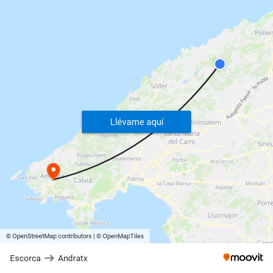 Escorca to Andratx map