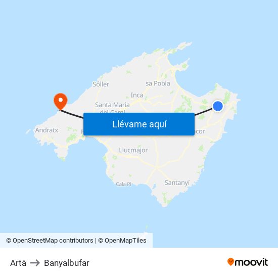 Artà to Banyalbufar map