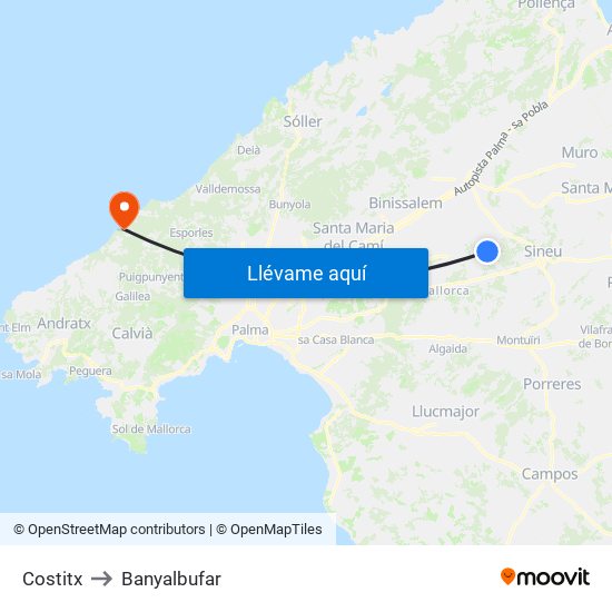 Costitx to Banyalbufar map