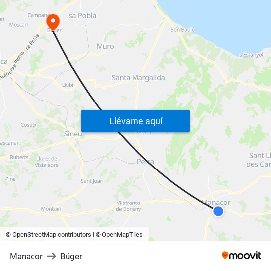 Manacor to Búger map