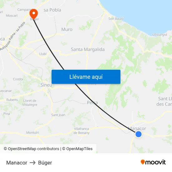 Manacor to Búger map