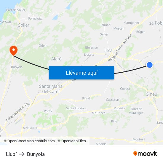 Llubí to Bunyola map