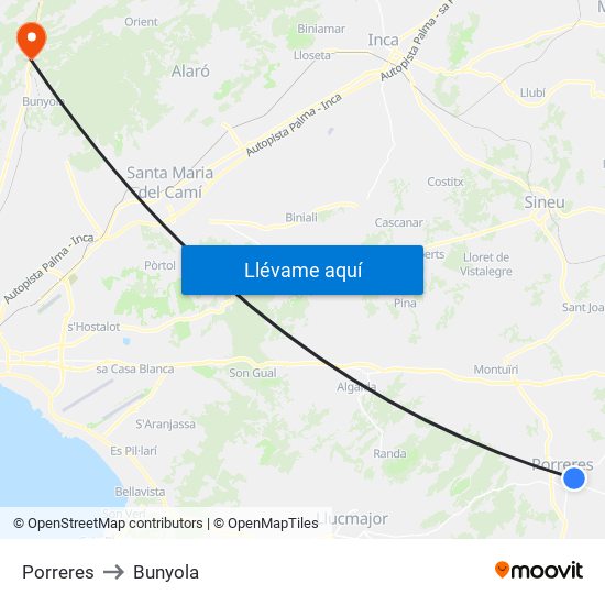 Porreres to Bunyola map