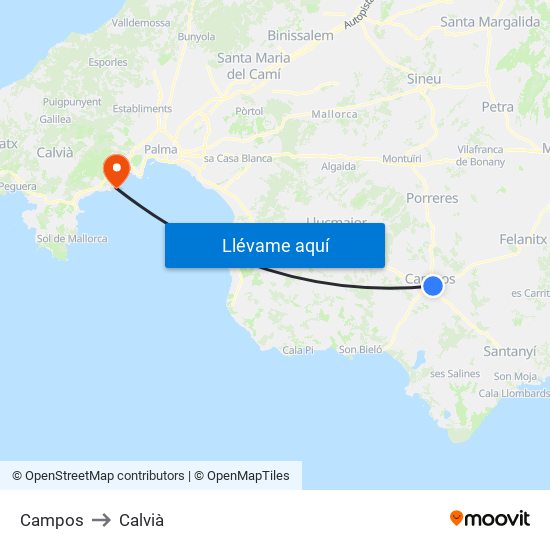 Campos to Calvià map