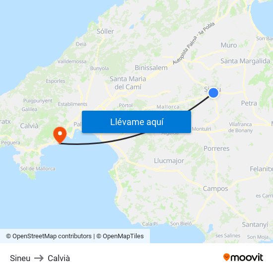 Sineu to Calvià map