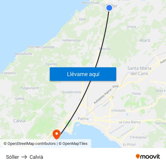 Sóller to Calvià map