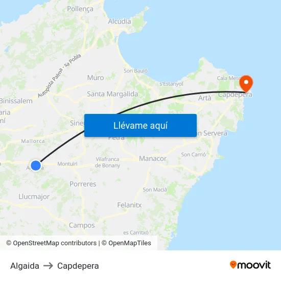 Algaida to Capdepera map