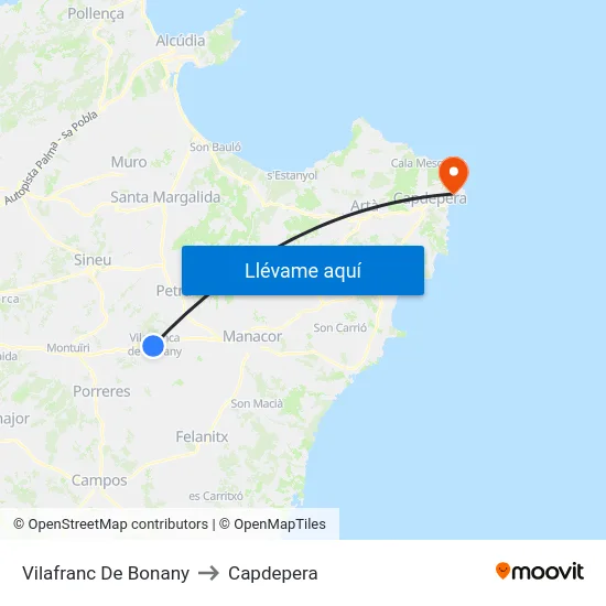 Vilafranc De Bonany to Capdepera map