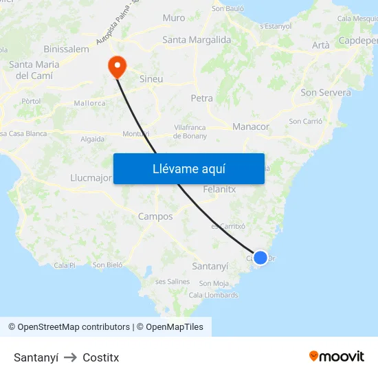 Santanyí to Costitx map