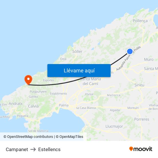 Campanet to Estellencs map