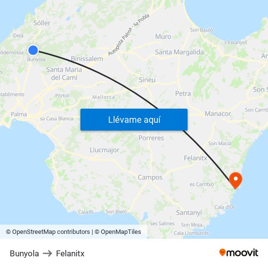 Bunyola to Felanitx map