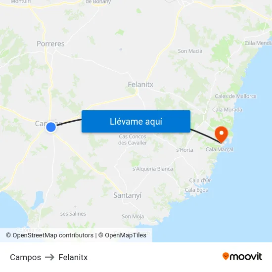 Campos to Felanitx map