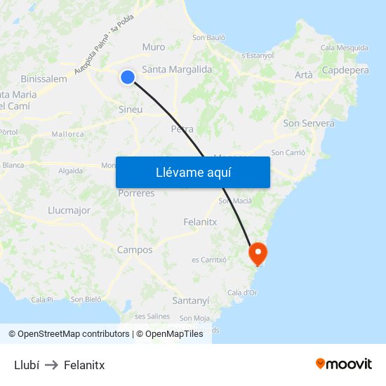 Llubí to Felanitx map