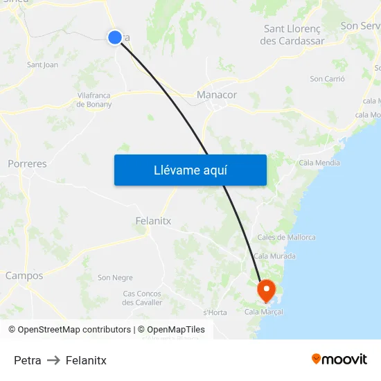 Petra to Felanitx map