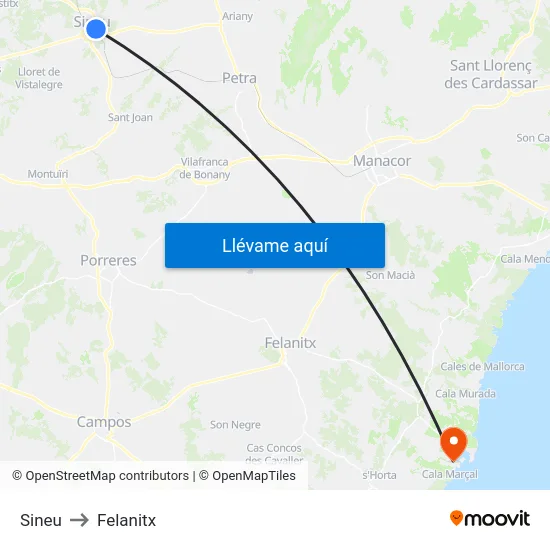 Sineu to Felanitx map