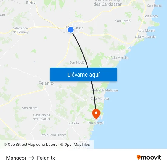 Manacor to Felanitx map