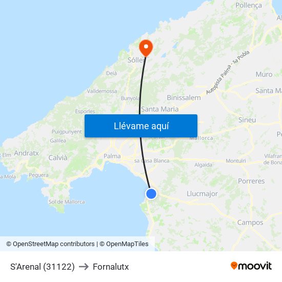 S'Arenal (31122) to Fornalutx map