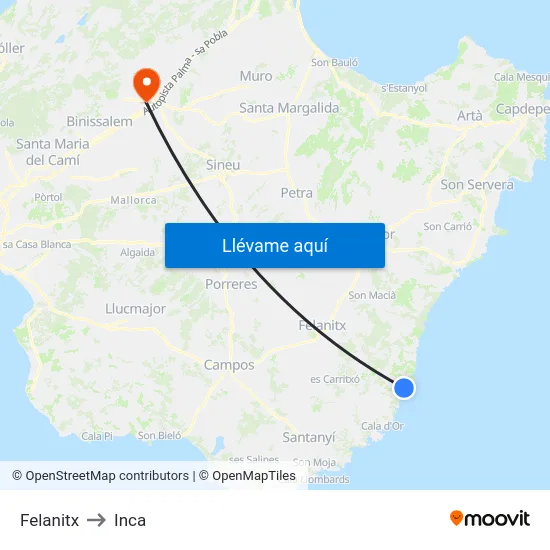 Felanitx to Inca map
