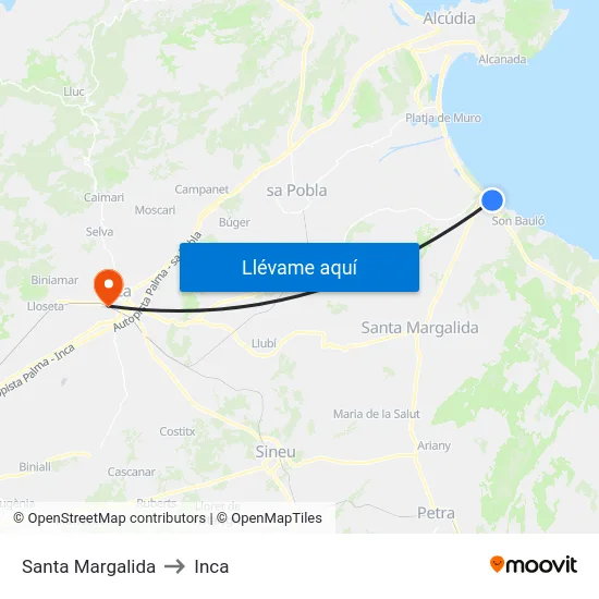 Santa Margalida to Inca map