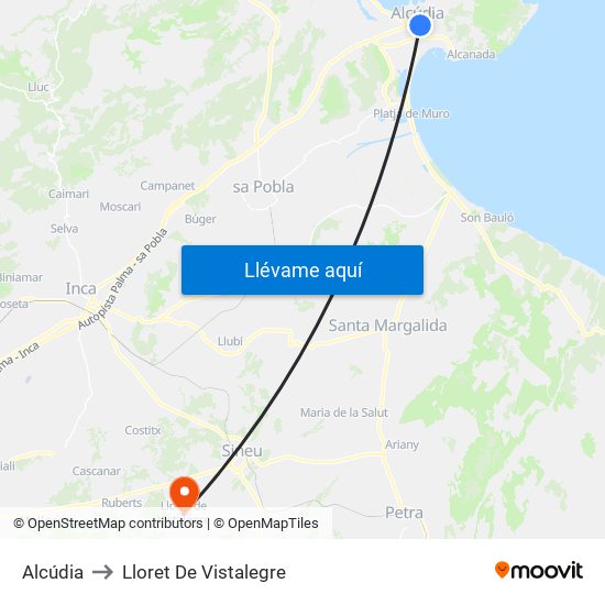Alcúdia to Lloret De Vistalegre map