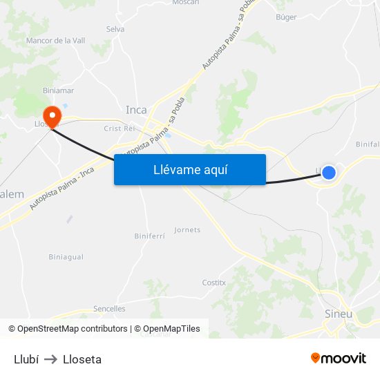 Llubí to Lloseta map