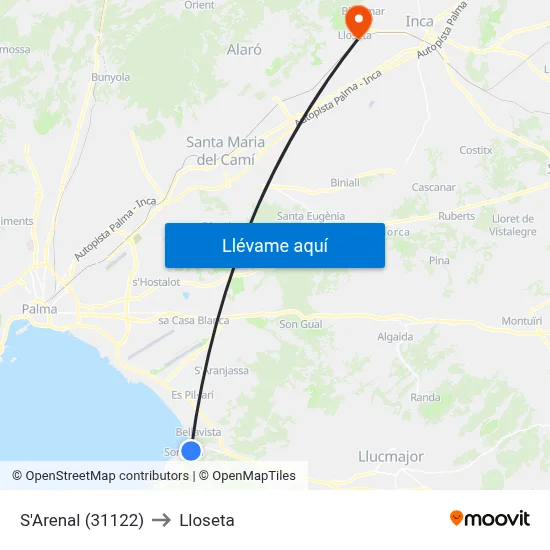 S'Arenal (31122) to Lloseta map