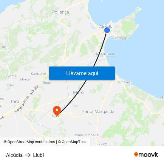 Alcúdia to Llubí map