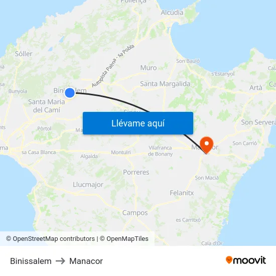 Binissalem to Manacor map