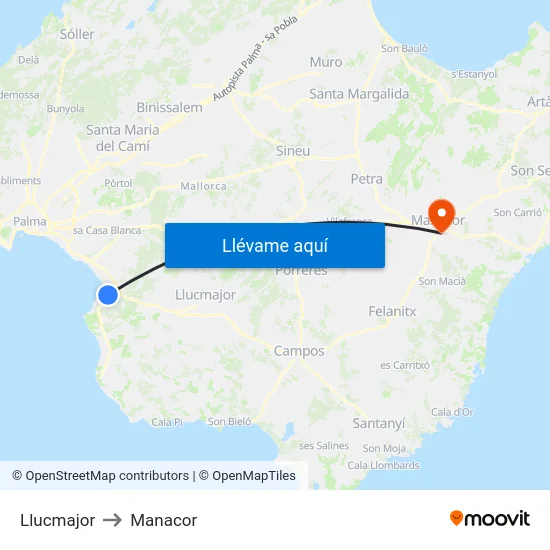 Llucmajor to Manacor map