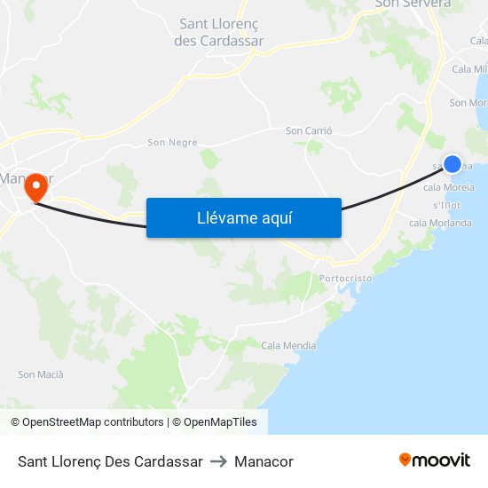 Sant Llorenç Des Cardassar to Manacor map
