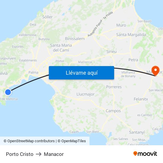 Porto Cristo to Manacor map