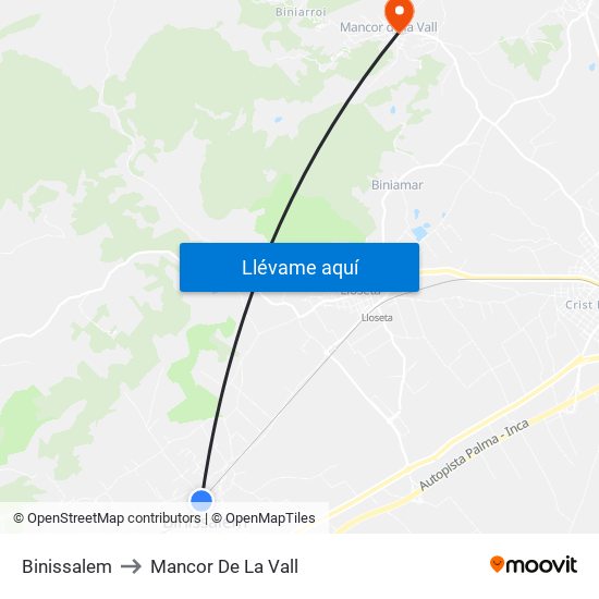 Binissalem to Mancor De La Vall map