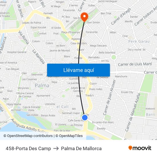 458-Porta Des Camp to Palma De Mallorca map