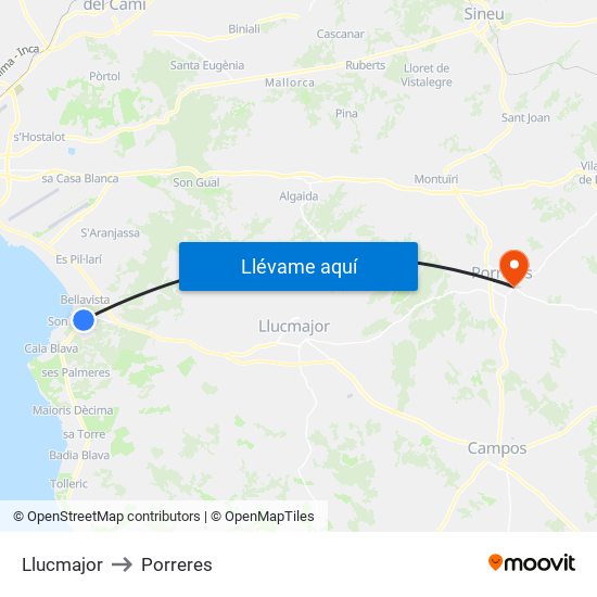 Llucmajor to Porreres map