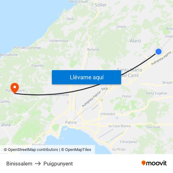 Binissalem to Puigpunyent map